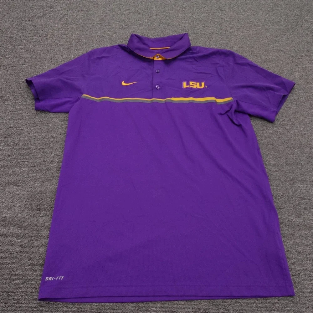 LSU Tigers Shirt Polo Mens Large Purple NCAA Football Nike Dri-FIT Short Sleeve